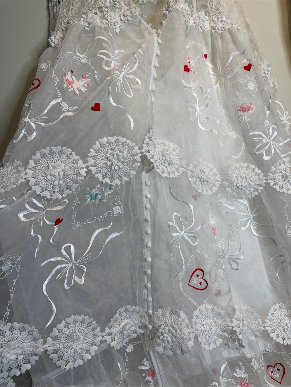 Maeve Sheer 3D Floral Long-Sleeve V-Neck Embroidered Hearts Dove Maxi Dress XL - Picture 9 of 11